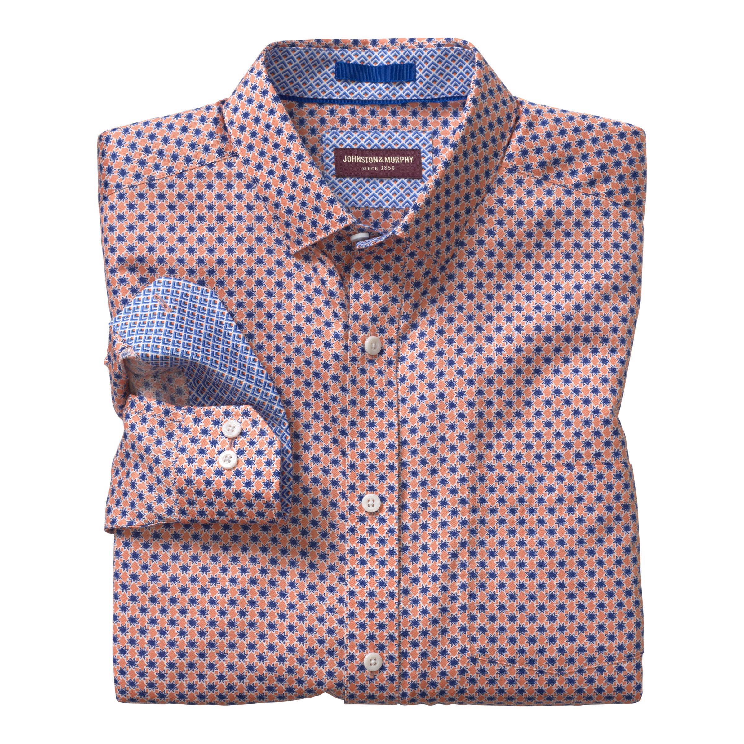 Wholesale,Johnston & Murphy, Johnston & Murphy Orange Floral Print Long Sleeve Button Up Shirt, Orange, Large-47-TagL