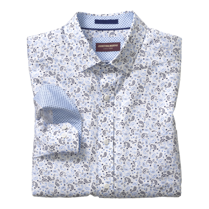 Johnston & Murphy White & Blue Paisley Print Long Sleeve Button Up Shirt