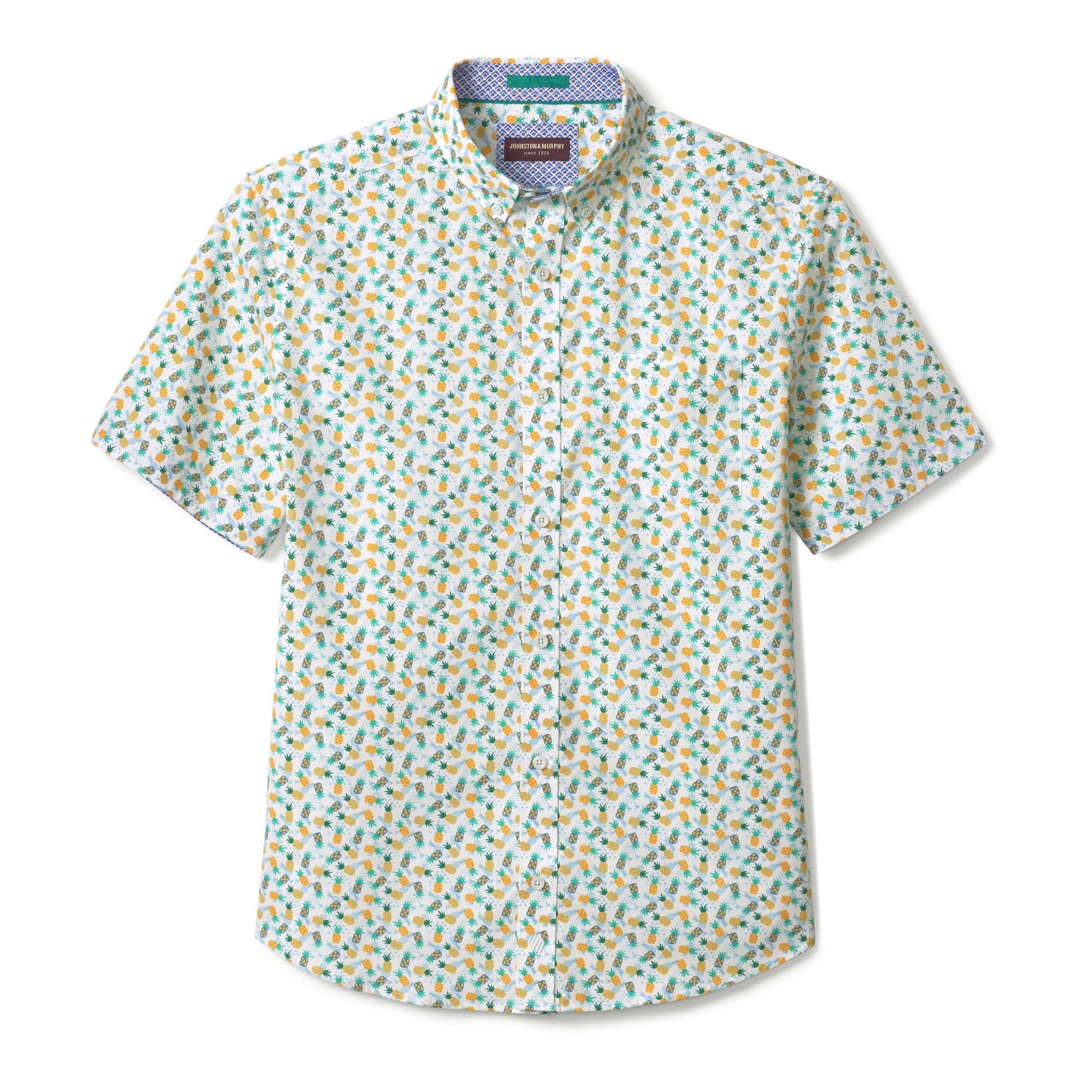 Wholesale,Johnston & Murphy, Johnston & Murphy Green & White Pineapple Print Short Sleeve Button Up Shirt, Yellow, Medium-44-TagM