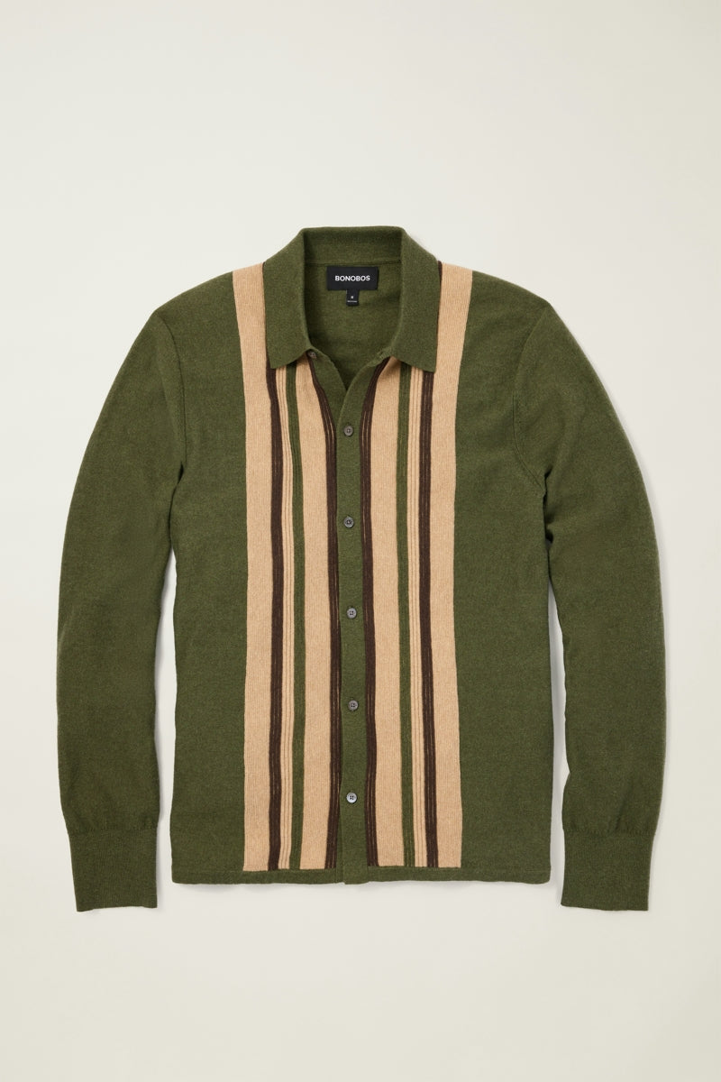 Wholesale,Bonobos, Bonobos Green/Tan Stripe Cashmere Full Button Cardigan, Green, Small-40-TagSMedium-42-TagMLarge-45-TagLExtra Large-48-TagXLExtra Extra Large-51-TagXXL