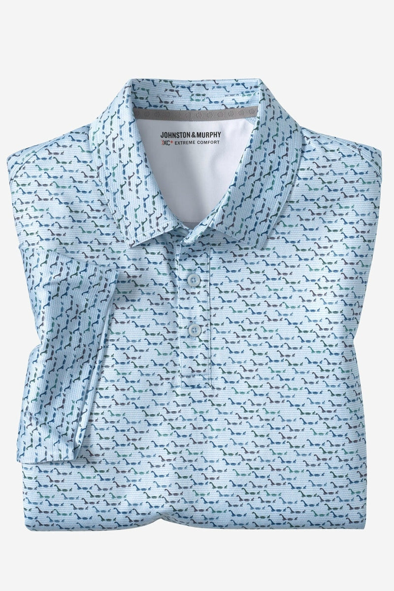 Wholesale,Johnston & Murphy, Johnston & Murphy Light Blue Water Monster Print Performance Polo, Blue, Extra Large-50-TagXLMedium-44-TagMLarge-48-TagL