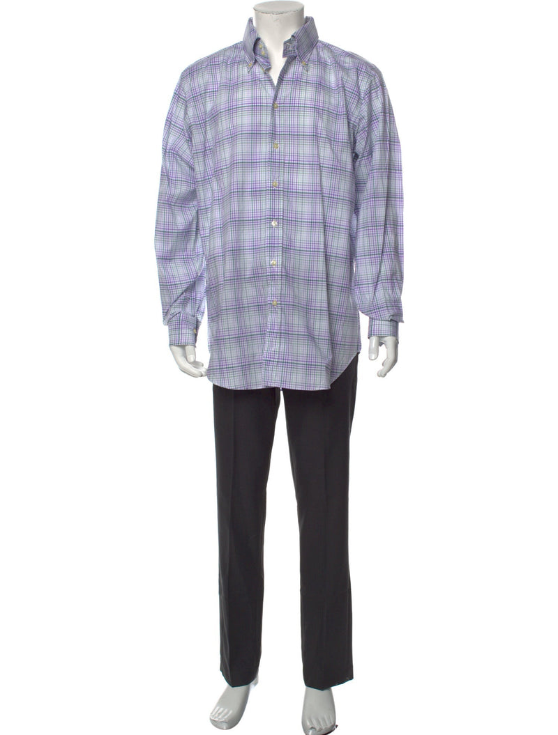 Paul Stuart Blue Plaid Print Dress Long Sleeve Dress Shirt