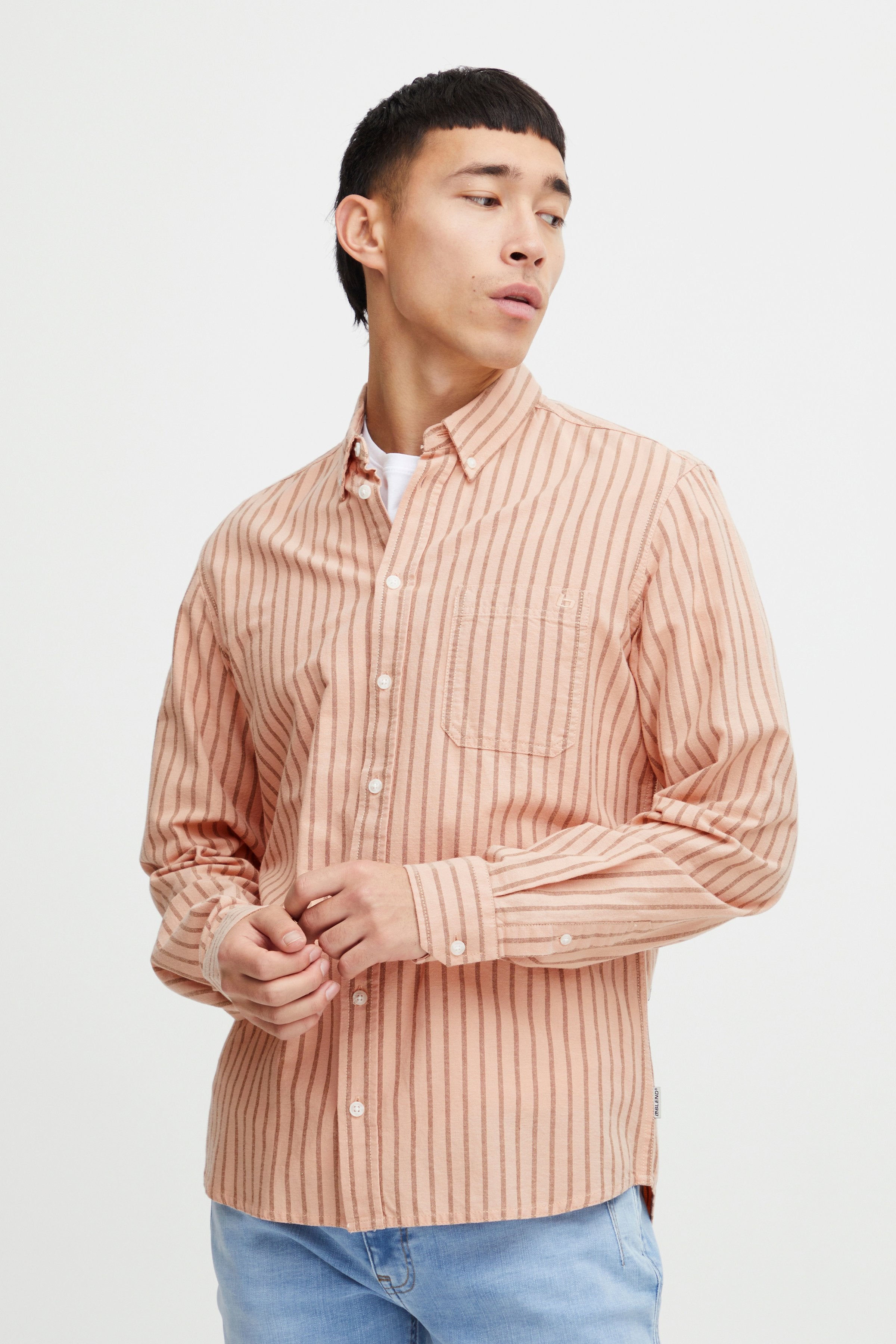 Wholesale,Blend, Blend Apricot Stripe Long Sleeve Shirt, Orange, Large-44-TagLExtra Large-46-TagXLMedium-42-TagMExtra Extra Large-49-TagXXLSmall-39-TagS
