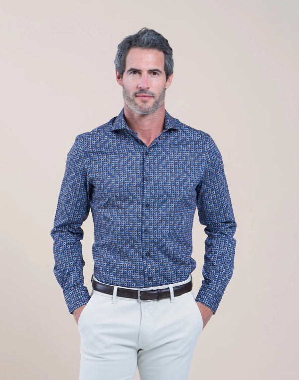 R2 Amsterdam Blue Geo Cup Print Cotton Long Sleeve Button Up Shirt