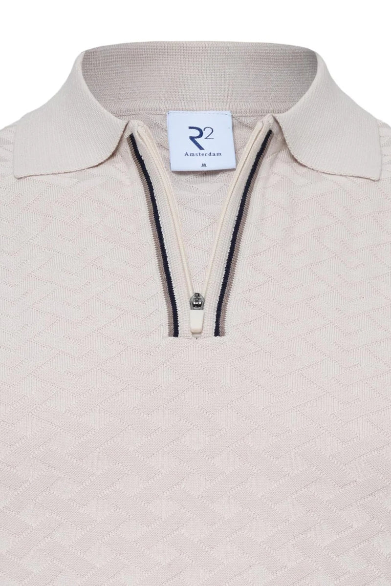 Direct From Brand,R2 Amsterdam, R2 Amsterdam Beige Zipper Closure Textured Polo, Cream, Medium-40-TagM