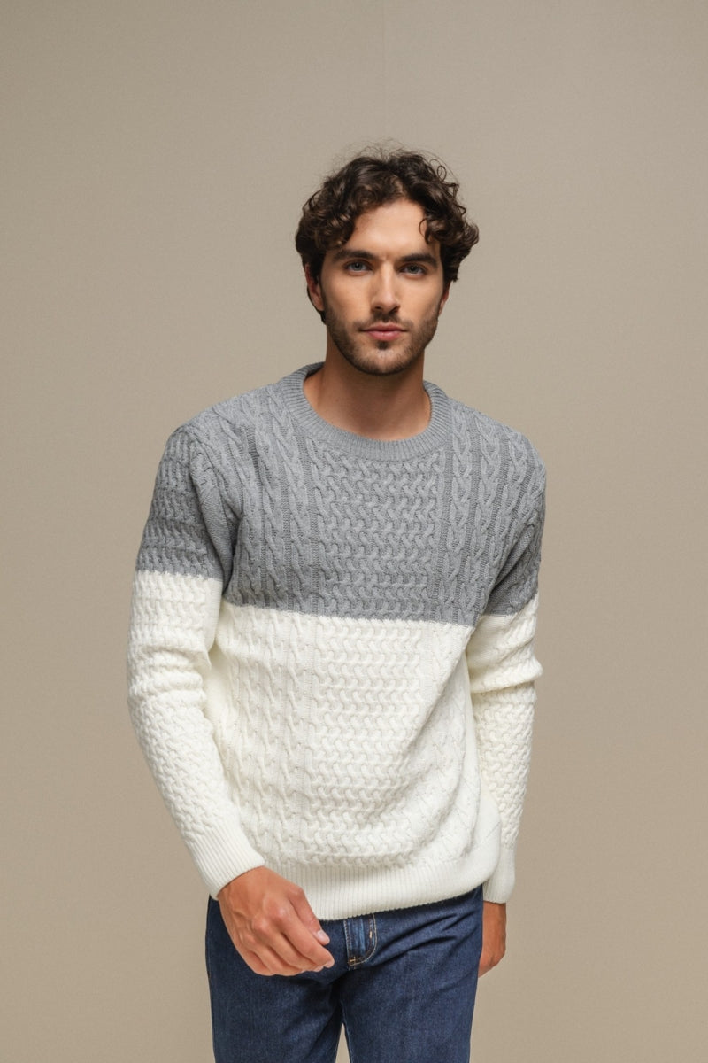 Faire,SMF, SMF Grey/White Colorblock Jacquard Knit Sweater, Grey, Medium-42-TagM