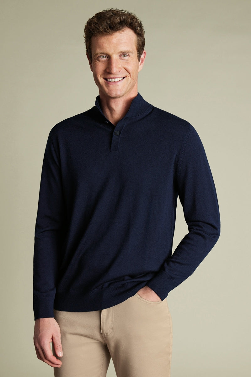 Wholesale,Charles Tyrwhitt, Charles Tyrwhitt Navy Pure Merino Wool Button Neck Pullover, Blue, Medium-42-TagM