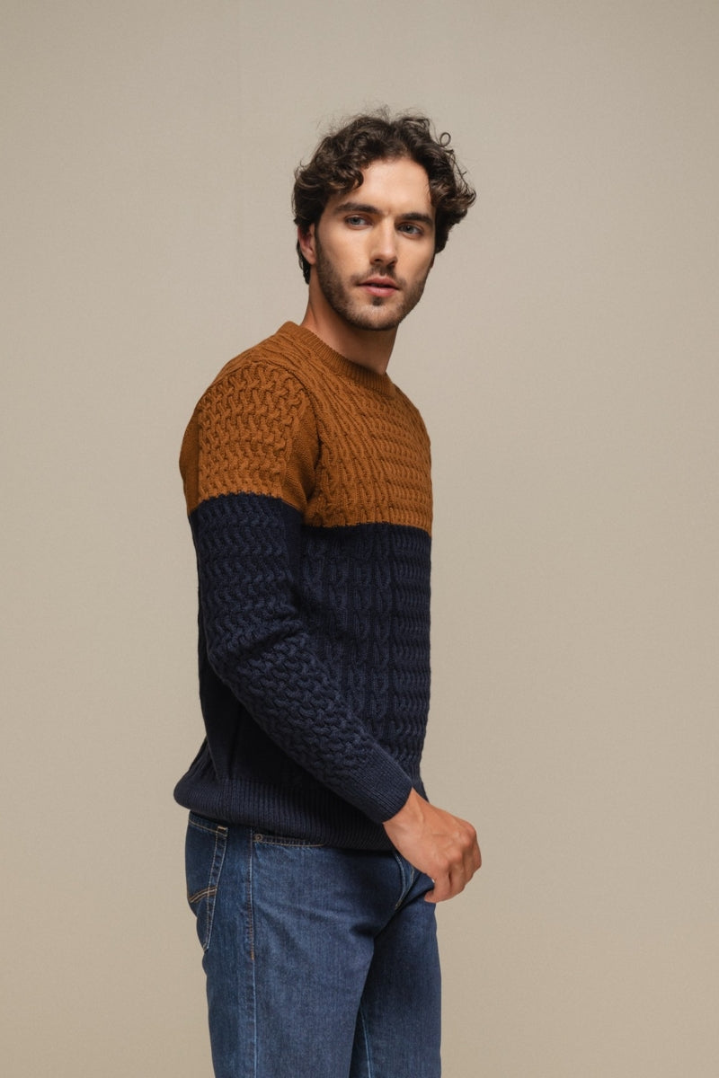 Faire,SMF, SMF Brown/Navy Colorblock Jacquard Knit Sweater, Brown, Medium-42-TagM