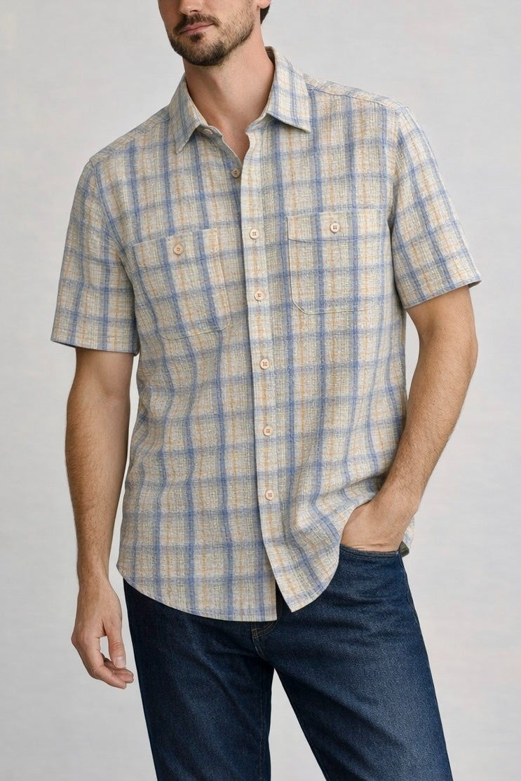 Wholesale,Nicoby Age of Wisdom, Nicoby Age of Wisdom Blue/Orange Plaid Seersucker Shirt, Blue, Medium-45-TagM