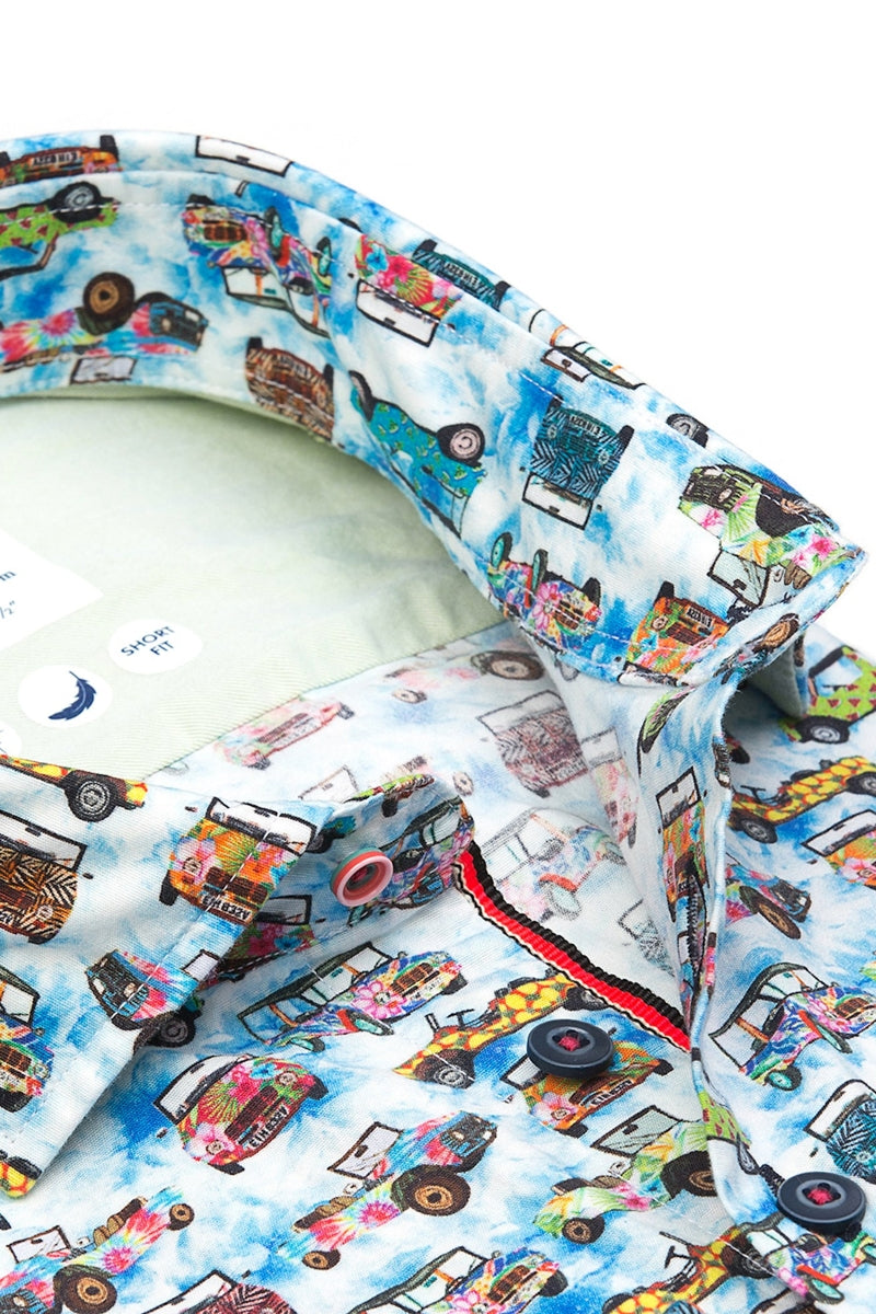 Direct From Brand,R2 Amsterdam, R2 Amsterdam Blue Multi Truck Print Short Sleeve Button Up Shirt, Blue, Medium-43-Tag40