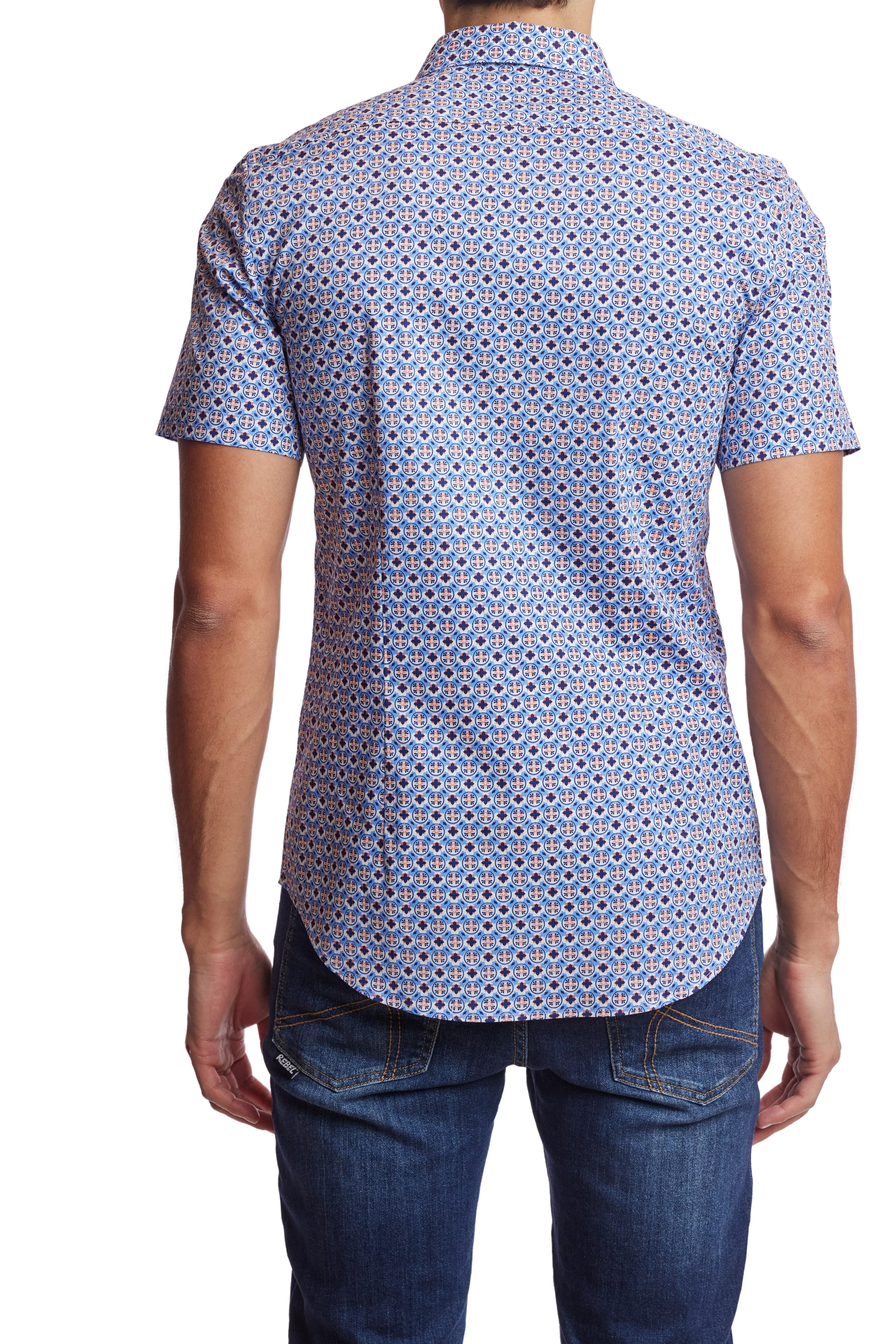 Wholesale,Paisley & Gray, Paisley & Gray Blue/Orange Geo Print Short Sleeve Shirt, Blue, Medium-43-TagL