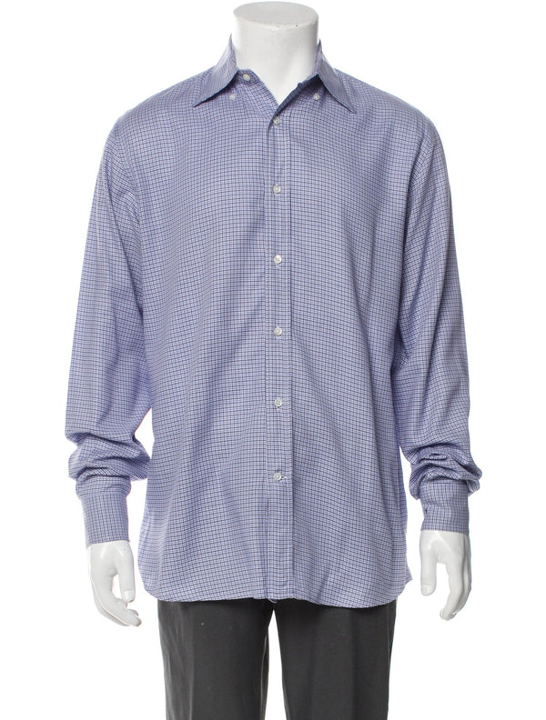 Bergdorf Goodman Blue Plaid Print Long Sleeve Dress Shirt with One-Button Rounded Cuffs