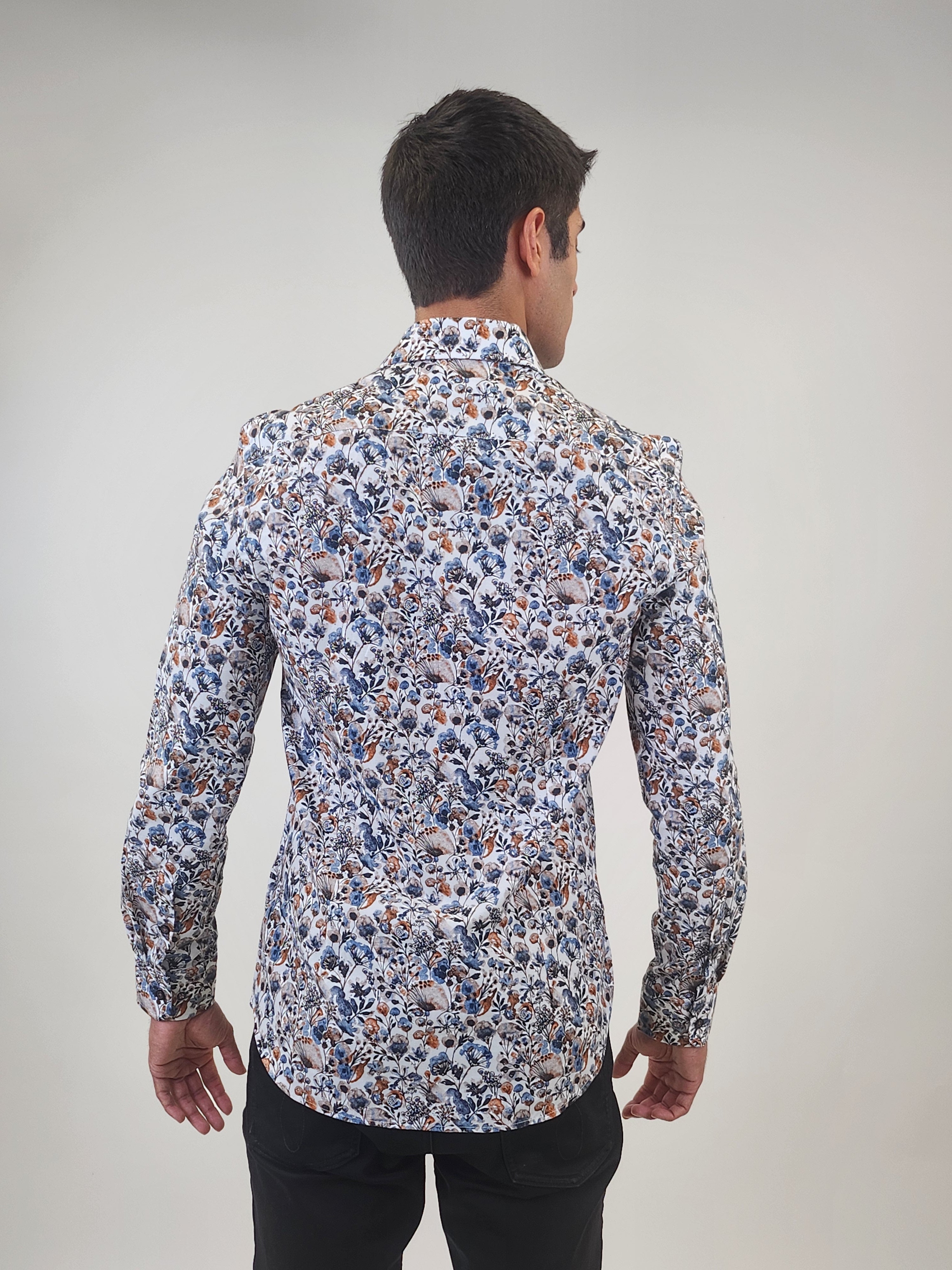 Brand Partner,R2 Amsterdam, R2 Amsterdam White/Blue Floral Watercolor Paint Cotton Shirt, White, Small-41-Tag39