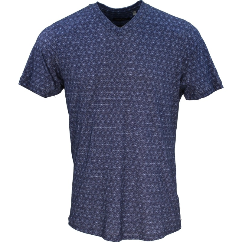 Brand Partner,Lords of Harlech, Lords of Harlech Indigo Maze Star Geo V-neck Modal Blend T-shirt, Blue, Small-38-TagSMedium-40-TagMLarge-43-TagLExtra Large-46-TagXLExtra Extra Large-49-TagXXL