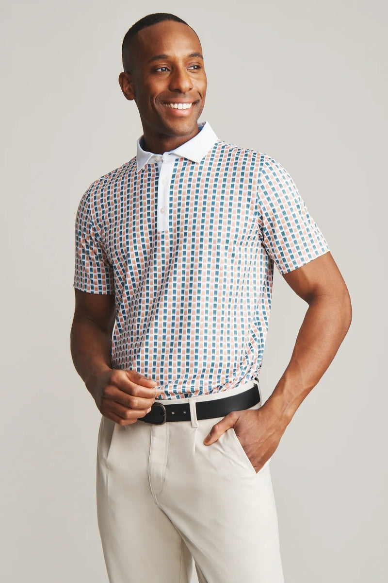 Wholesale,Rhone, Rhone White/Clay/Tidal Green Brushstroke Pattern UPF 50+ Polo, White, Medium-43-TagMLarge-46-TagLExtra Large-49-TagXLSmall-40-TagS