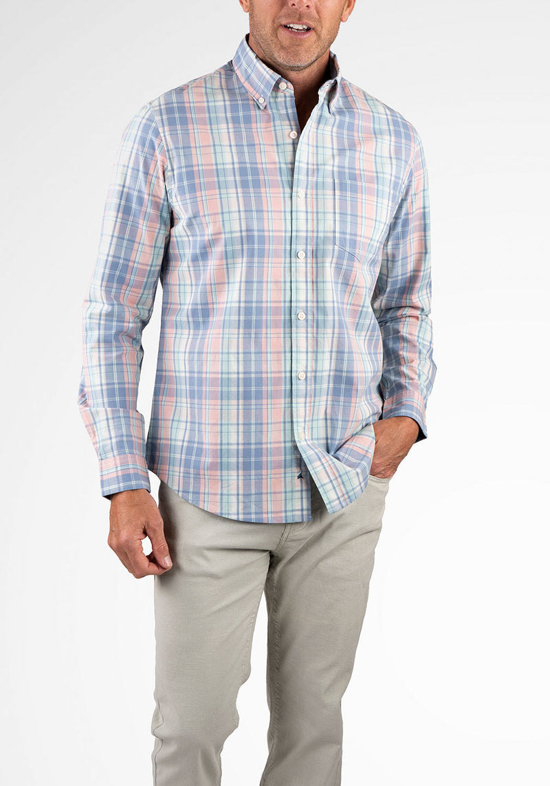 Brand Partner,Tailor Vintage, Tailor Vintage Multi Plaid Airotec Stretch Poplin Long Sleeve Shirt, Blue, Extra Large-51-TagXL