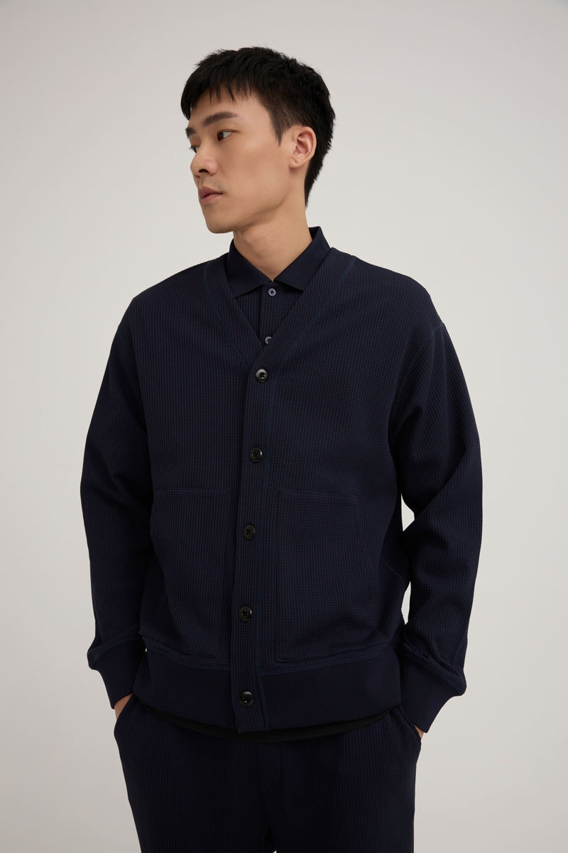 Direct From Brand,FYNE, FYNE Navy Knit Waffle Weave Cardigan, Blue, Medium-44-TagM