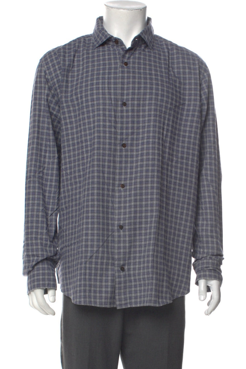 RealReal,Eleventy, Eleventy Grey/Blue Plaid Print Long Sleeve Shirt, Grey, Extra Large-50-TagXL