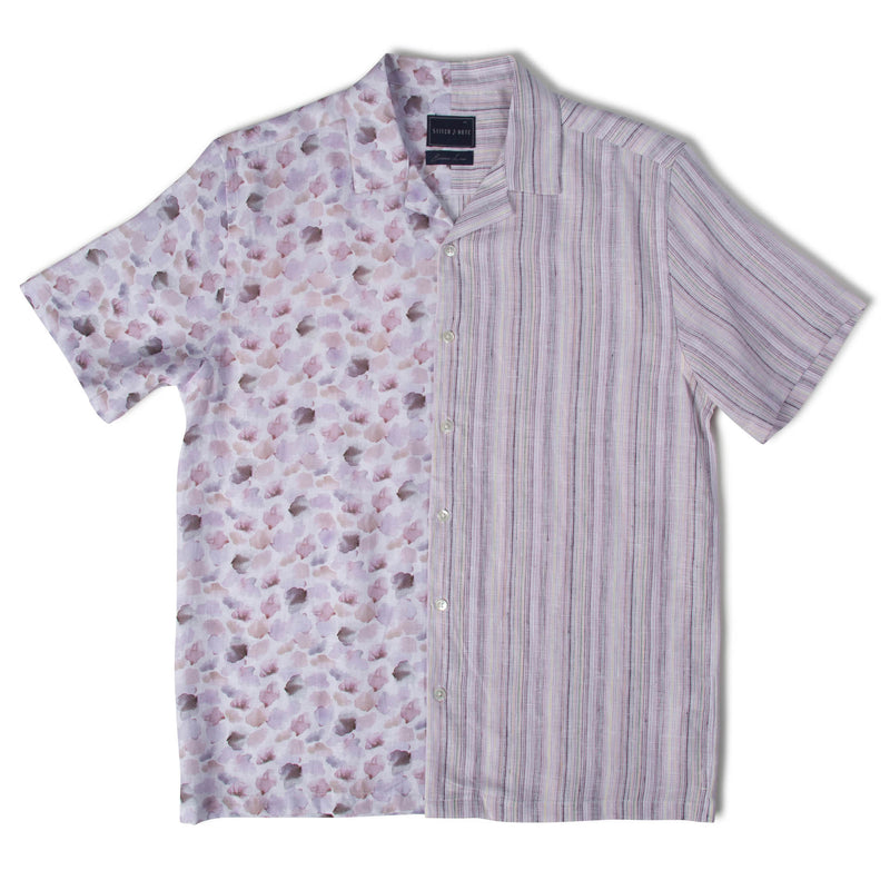 Stitch Note Violet Half Watercolor Print Half Vertical Stripe European Linen Split Body Shirt