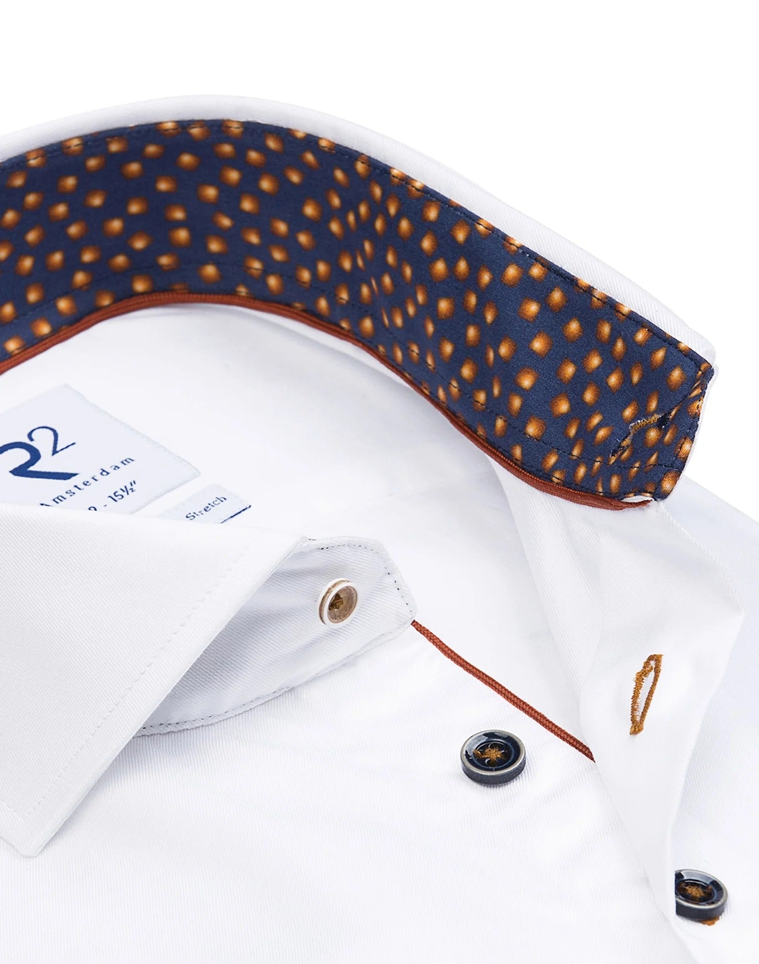 Brand Partner,R2 Amsterdam, R2 Amsterdam White Long Sleeve Button Up Shirt Lantern Print Contrast, White, Small-41-Tag39Extra Extra Large-52-Tag45Large-46-Tag42Extra Large-50-Tag44