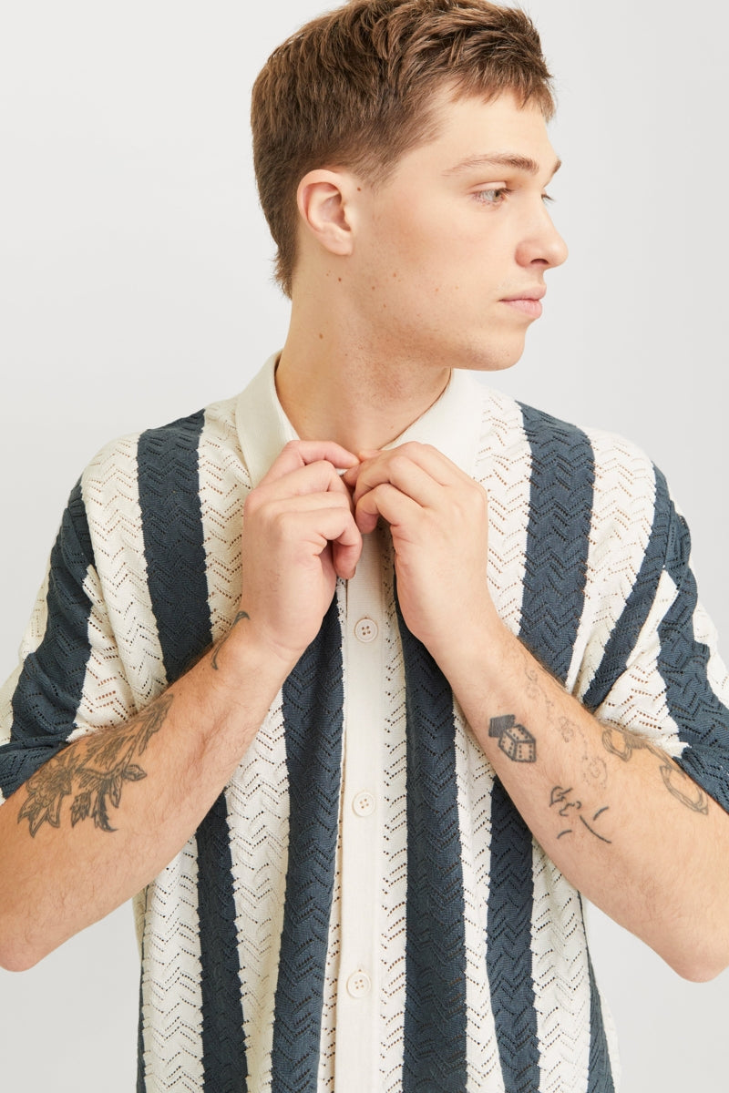 Wholesale,Jack & Jones, Jack & Jones Cream/Navy Striped Textured Shirt, Cream, Medium-46-TagM