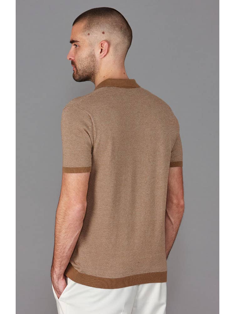 Faire,Paul James, Paul James Camel Jacquard Knit Buttonless Short Sleeve Polo, Tan, Medium-40-TagM