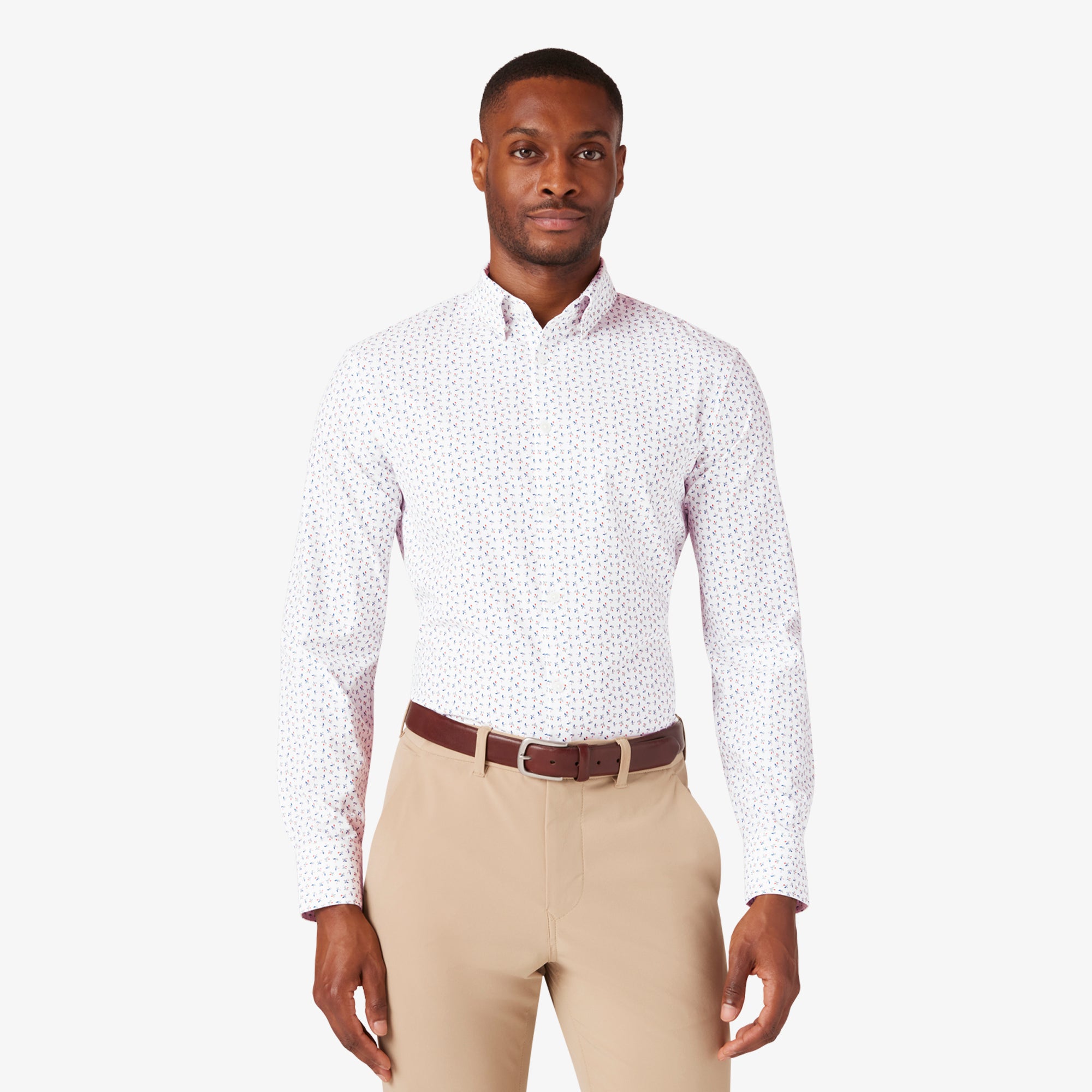 Wholesale,Mizzen + Main, Mizzen + Main White Tulip Print Trim Four-way Stretch Long Sleeve Leeward Dress Shirt, White, Extra Large-48-TagXL