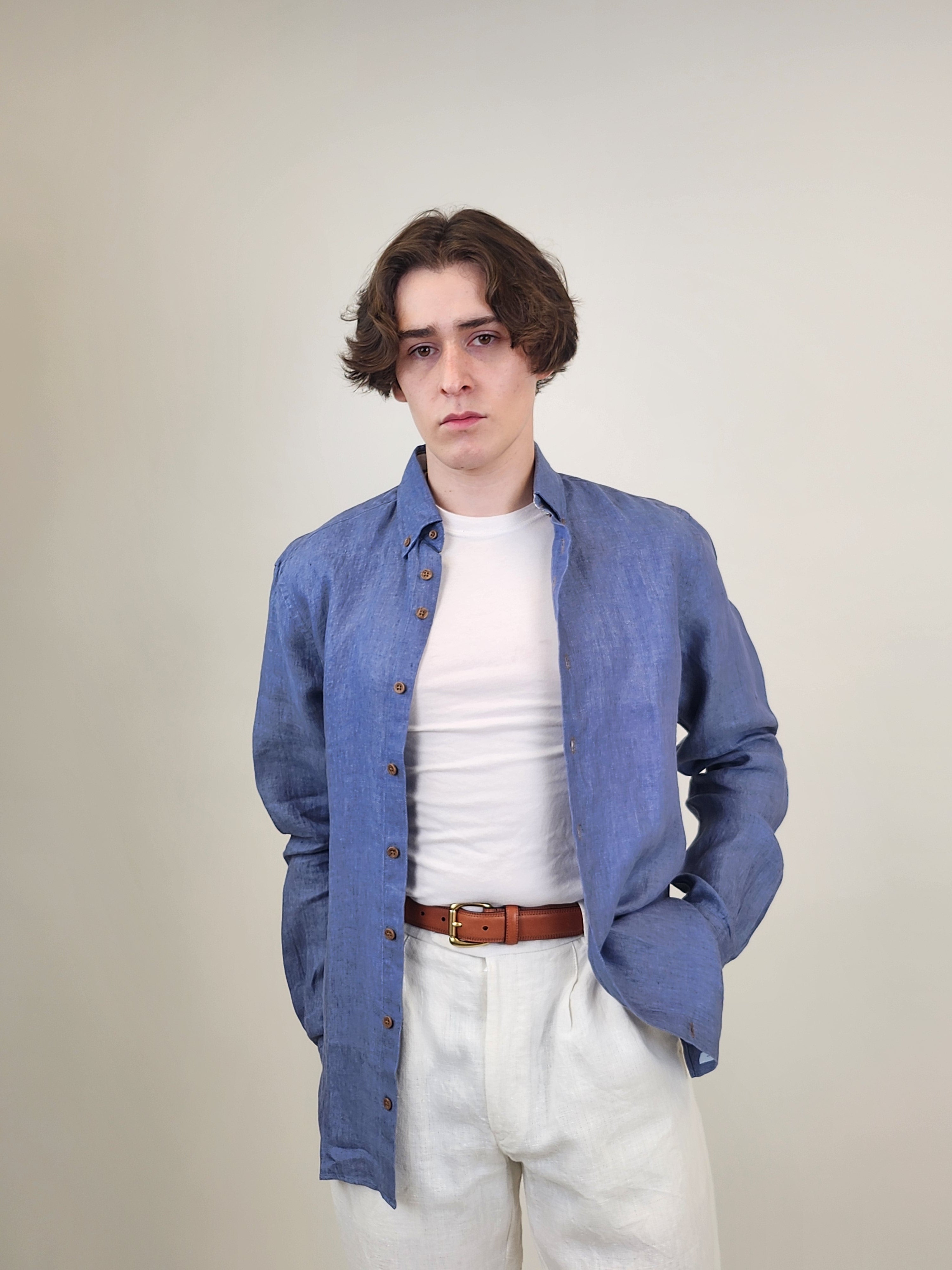 Brand Partner,R2 Amsterdam, R2 Amsterdam Blue Linen  Button Up Shirt with Plaid Contrast, Blue, Small-41-Tag39