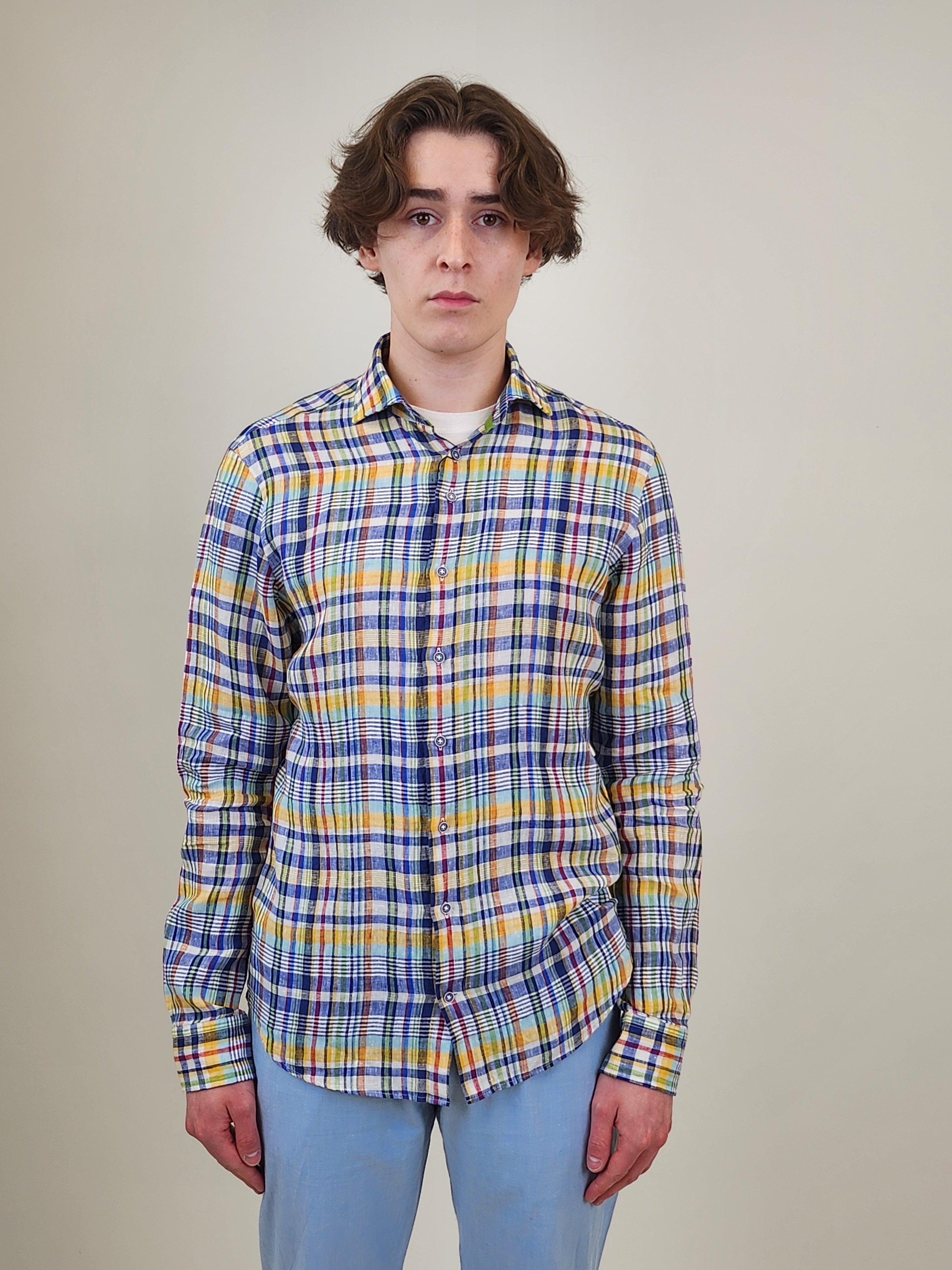 Brand Partner,R2 Amsterdam, R2 Amsterdam Multi Color Plaid Linen Long Sleeve Button Up Shirt, Blue, Small-41-Tag39