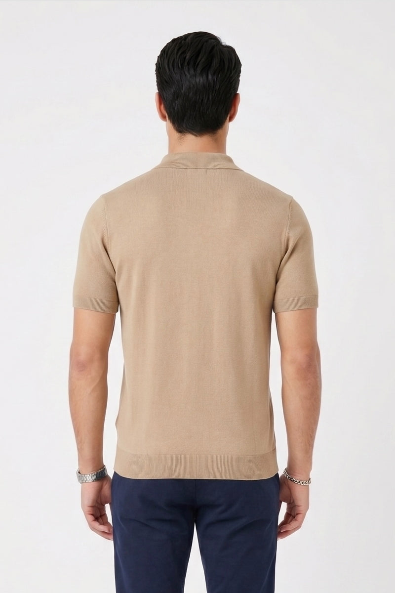 Wholesale,Mizumi, Mizumi Beige Geo Print Knit Short Sleeve Polo, Tan, Extra Large-47-TagXXL