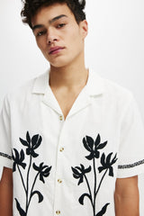 Cotton On Off White Embroidered Bouquet Short Sleeve Shirt