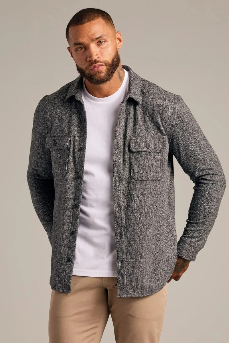 Faire,True Classic, True Classic Heather Black Herringbone Overshirt, Black, Small-40-TagSExtra Extra Large-52-TagXXL