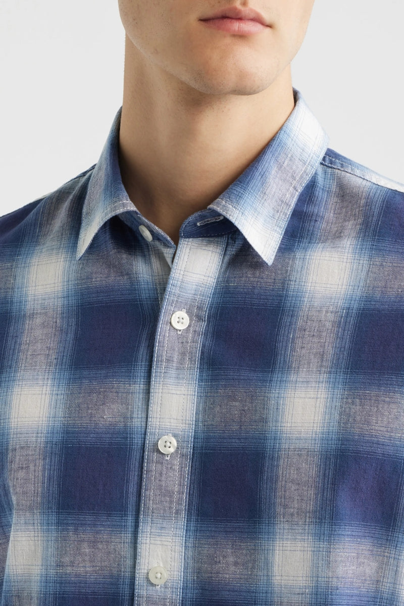 Wholesale,James Campbell, James Campbell Blue/White Plaid Cotton/Linen Blend Shirt, Blue, Large-46-TagL