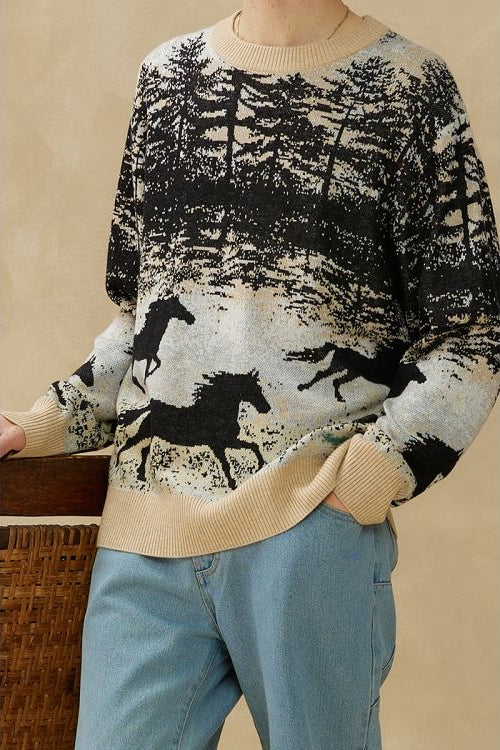 Kuwalla Black/Tan Wild Stallion Printed Jacquard Knit Sweater