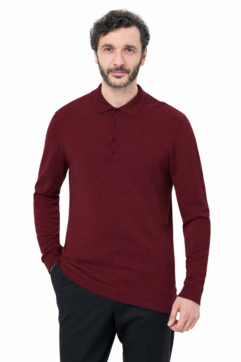 Wholesale,Luchiano Visconti, Luchiano Visconti Dark Red 3-Button Tencel Long Sleeve Polo, Red, Extra Large-48-TagXL