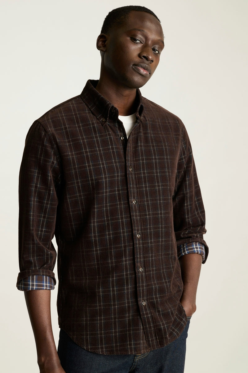 Wholesale,Bonobos, Bonobos Chocolate/Blue Plaid Stretch Corduroy Slim Fit Shirt, Brown, Large-46-TagL