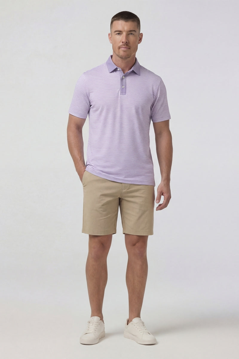 Wholesale,Mizzen + Main, Mizzen + Main Purple Dusk Stripe Knit Trim Fit Polo, Purple, Small-40-TagSMedium-42-TagMLarge-45-TagLExtra Large-48-TagXLExtra Extra Large-50-TagXXL