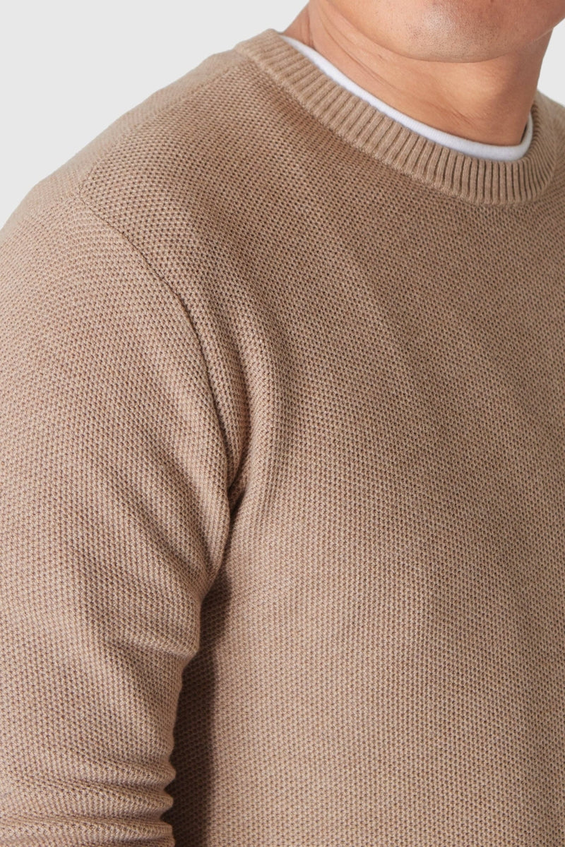 Faire,True Classic, True Classic Heather Camel Pique Crew Neck Sweater, Tan, Medium-38-TagM