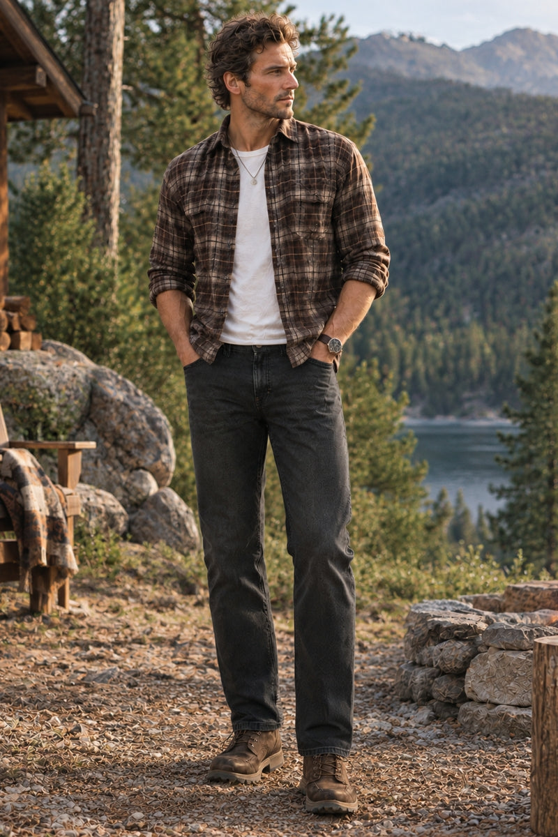 Wholesale,Fundamental Coast, Fundamental Coast Dark Brown Plaid Brushed Knit Flannel Shirt, Brown, Small-41-TagSMedium-44-TagMLarge-47-TagLExtra Large-50-TagXLExtra Extra Large-53-TagXXL