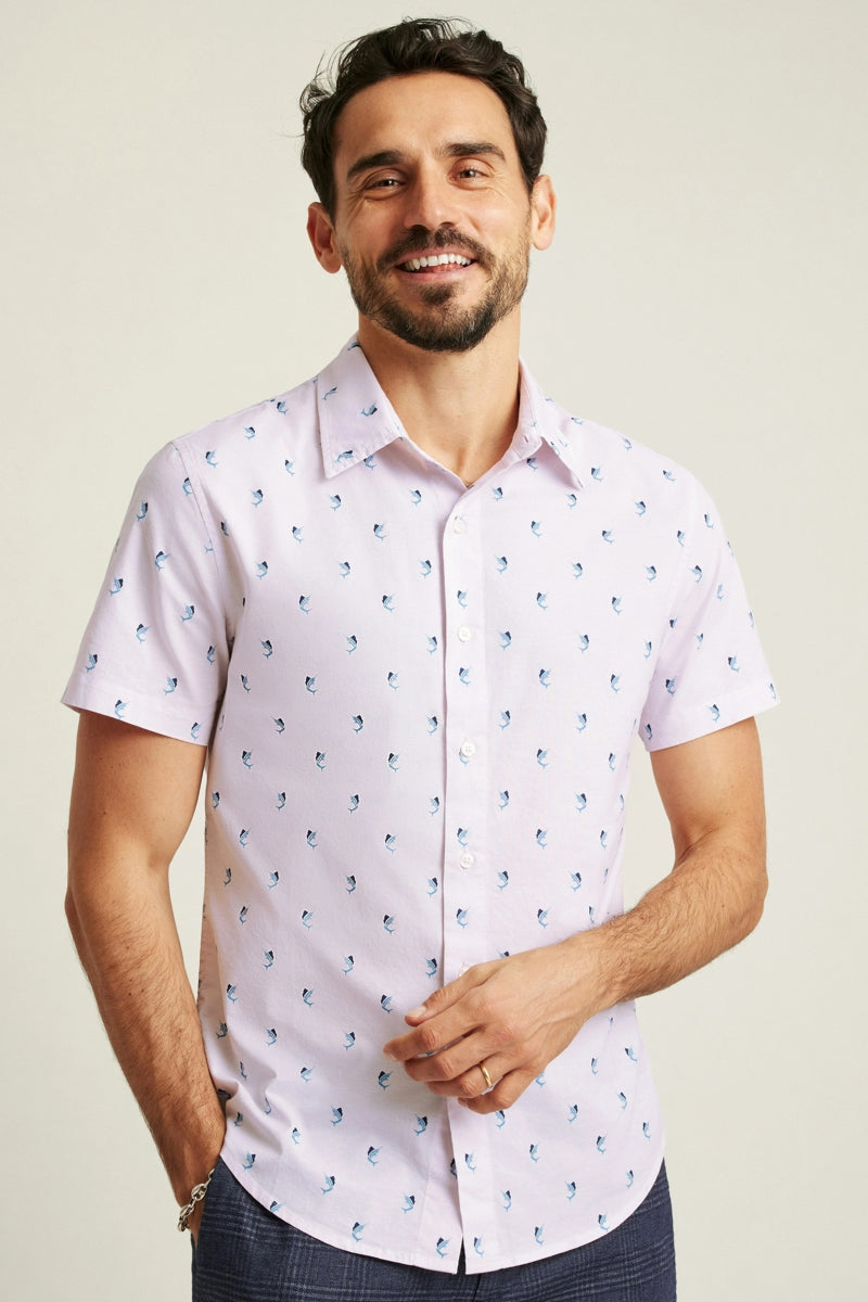 Wholesale,Bonobos, Bonobos Pink Swordfish Print Stretch Riviera Short Sleeve Shirt, Pink, Large-45-TagLExtra Extra Large-51-TagXXLMedium-42-TagMSmall-39-TagSExtra Large-48-TagXL