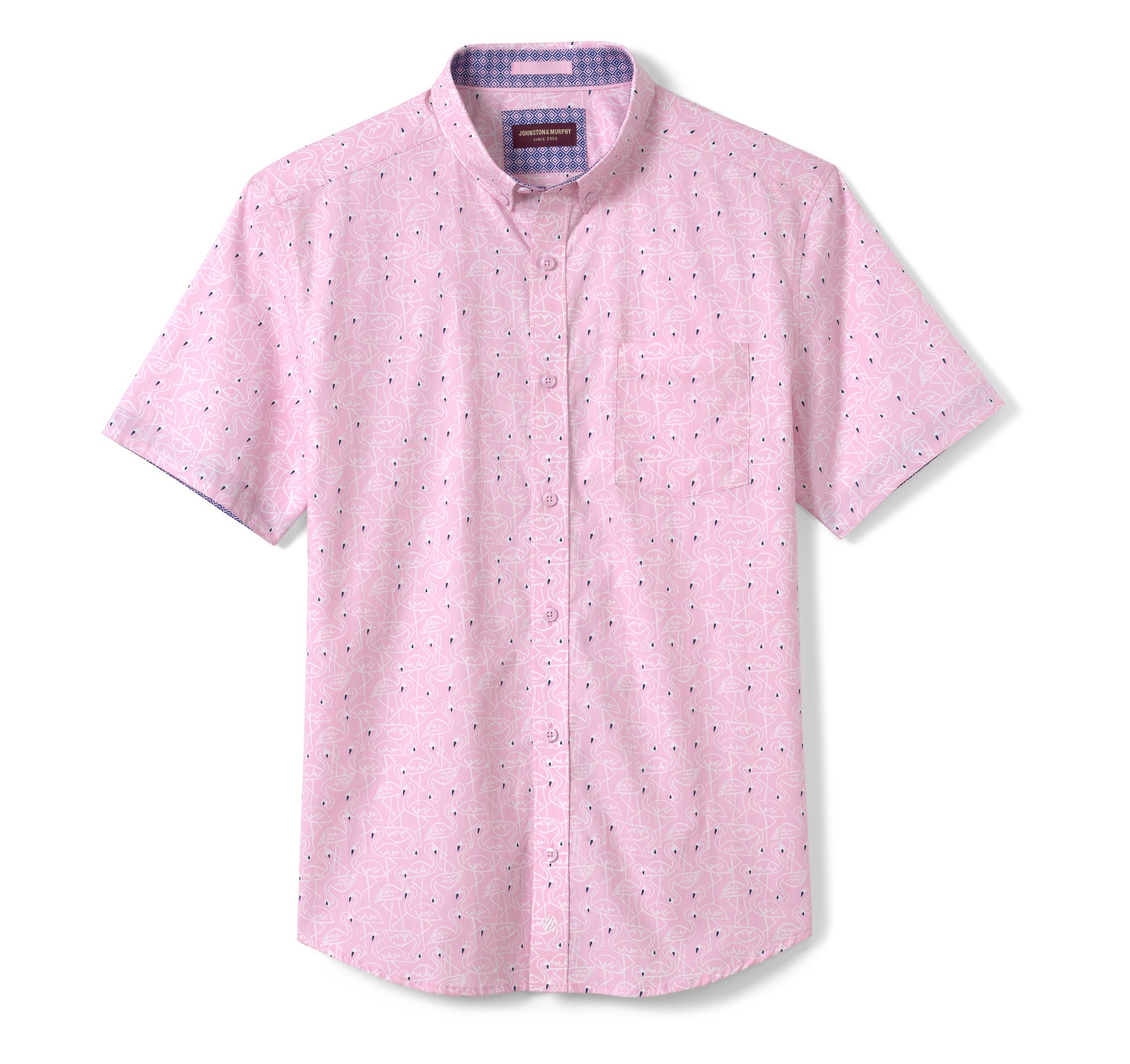 Wholesale,Johnston & Murphy, Johnston & Murphy Pink Flamingo Print Cotton Short Sleeve Shirt with Contrast Print Facings, Pink, Large-48-TagL