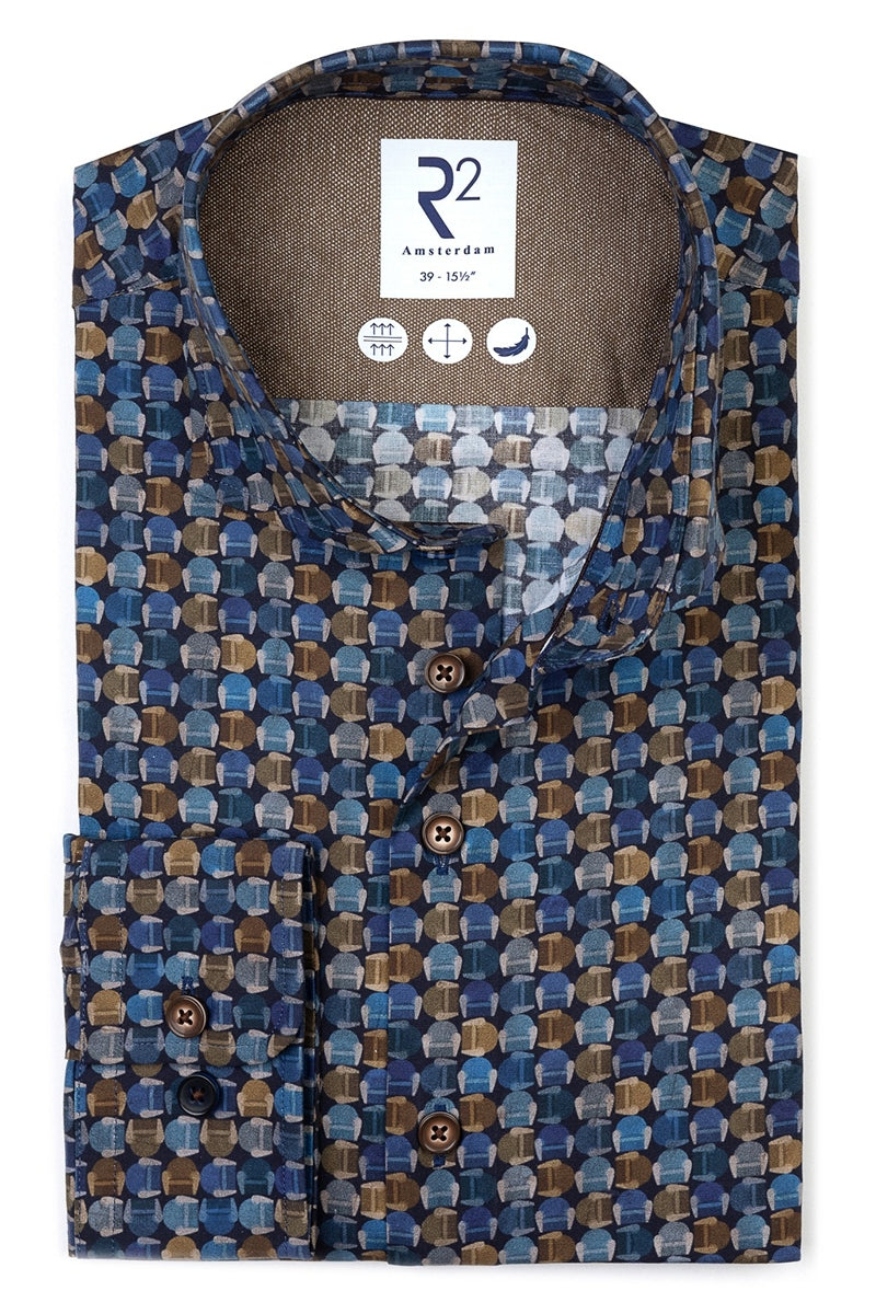 Direct From Brand,R2 Amsterdam, R2 Amsterdam Navy Chair Print Stretch Shirt, Blue, Extra Extra Large-54-Tag46