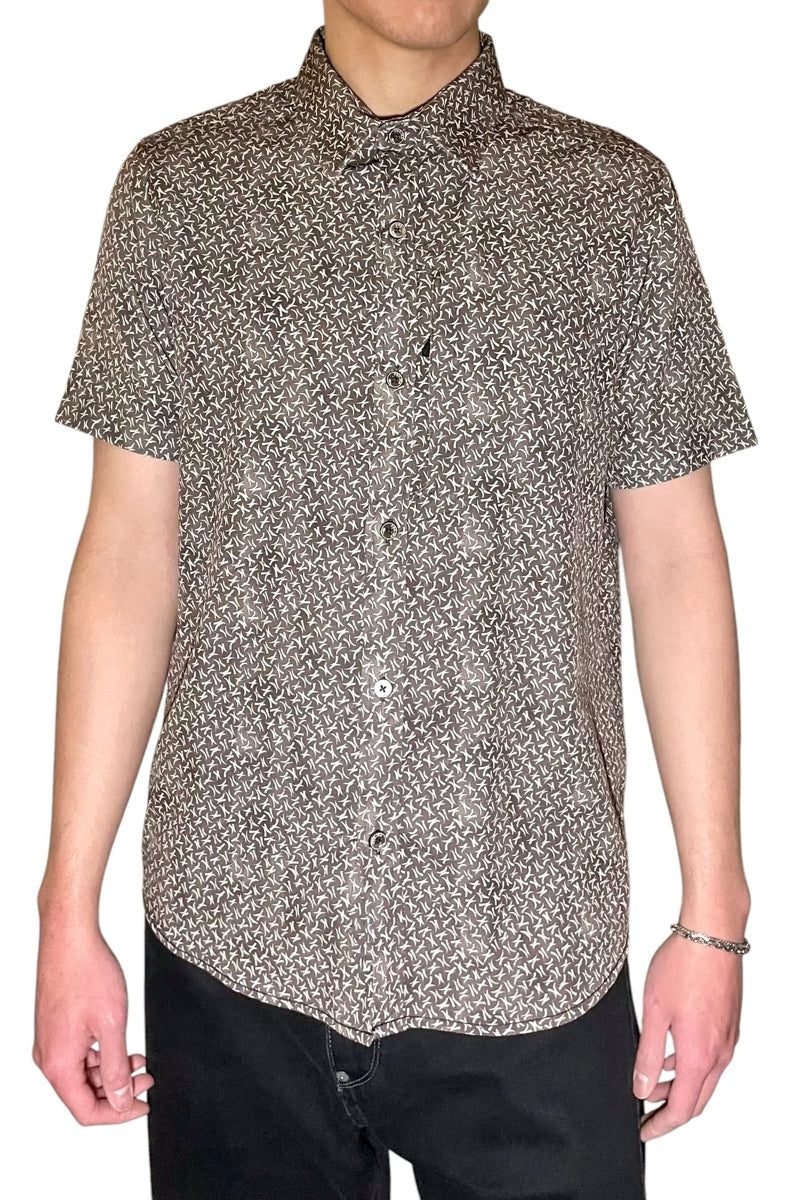 Wholesale,Projek Raw, Projek Raw Brown Abstract Print 4 Way Stretch Short Sleeve Button Up Shirt, Brown, Extra Large-48-TagXLLarge-46-TagLMedium-43-TagMSmall-41-TagSExtra Extra Large-52-TagXXL