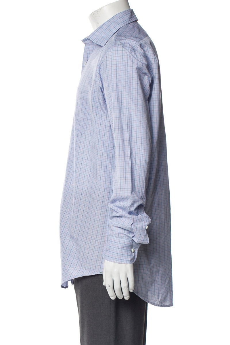 RealReal,Sid Mashburn, Sid Mashburn Blue/Orange Plaid Print Long Sleeve Dress Shirt, Blue, Medium-45-TagM