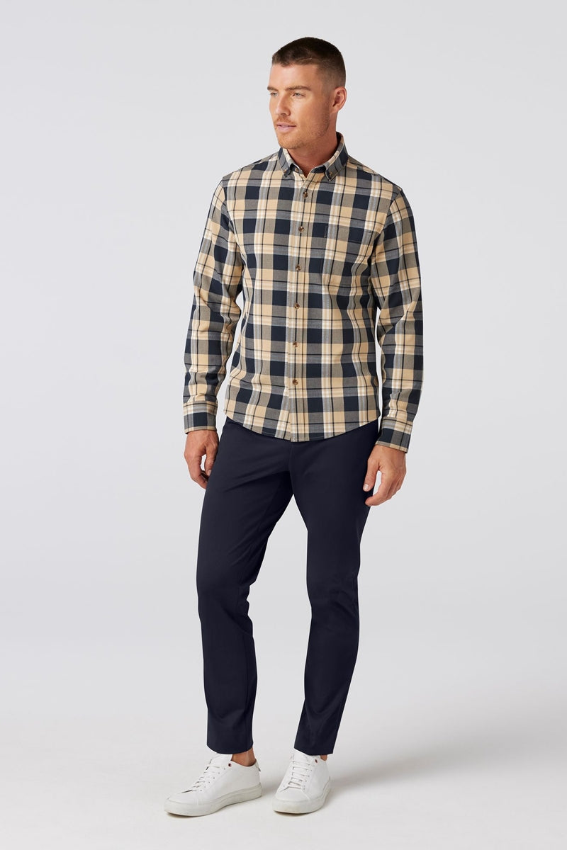 Wholesale,Mizzen + Main, Mizzen + Main Khaki/Navy Plaid Trim Flannel Shirt, Tan, Medium-42-TagMLarge-46-TagLExtra Large-48-TagXL