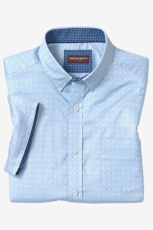Wholesale,Johnston & Murphy, Johnston & Murphy Light Blue Airplane Grid Print Shirt, Blue, Medium-45-TagM