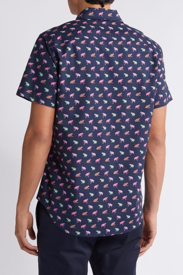 Wholesale,Bonobos, Bonobos Dark Blue Conversational Print Stretch Short Sleeve Shirt, Blue, Small-39-TagSMedium-42-TagMLarge-45-TagLExtra Large-48-TagXLExtra Extra Large-51-TagXXL