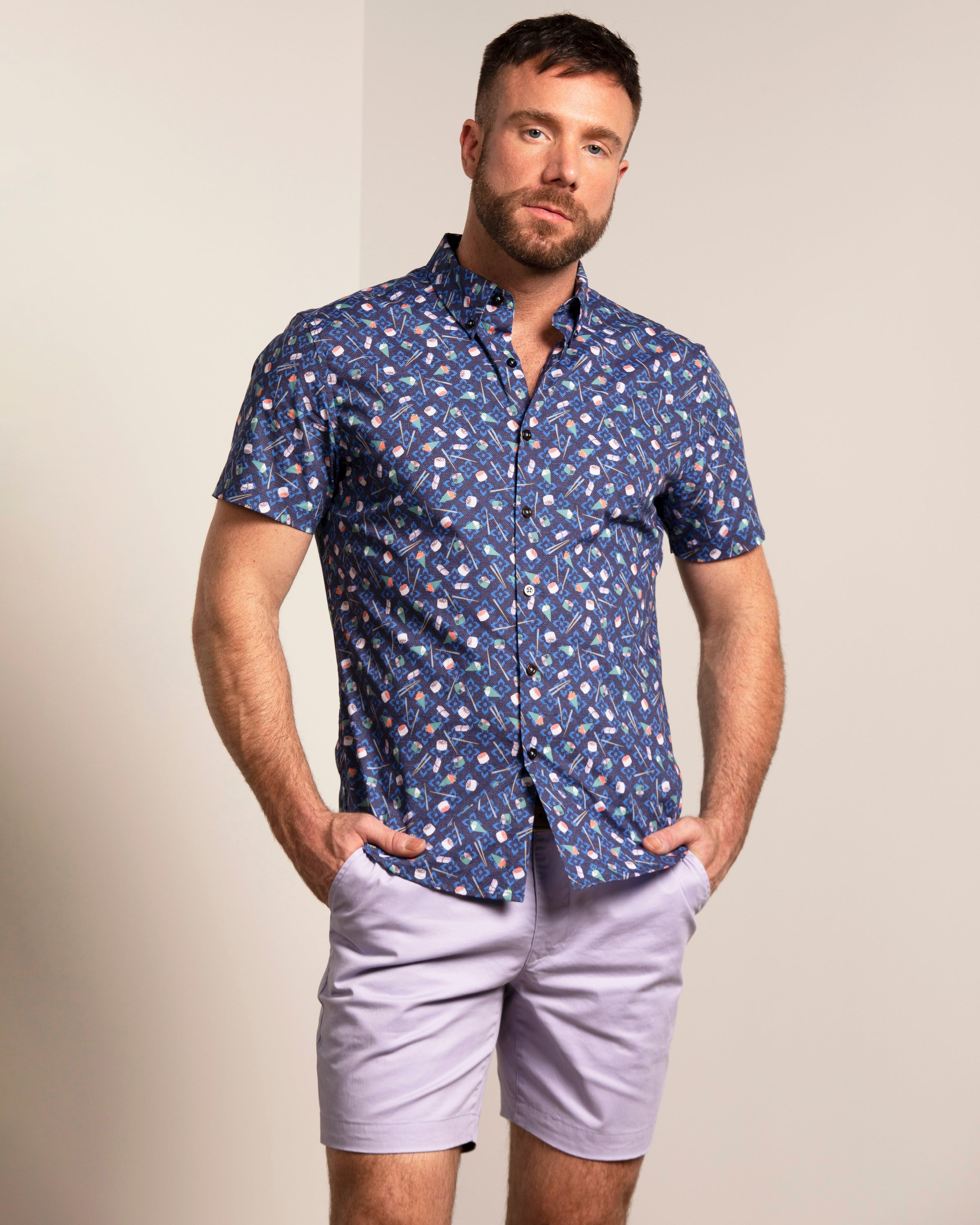 Brand Partner,Lords of Harlech, Lords of Harlech Navy Sushi Print Mechanical Stretch Button Up Shirt, Blue, Small-39-TagSLarge-45-TagLExtra Extra Large-50-TagXXLMedium-42-TagMExtra Large-48-TagXL