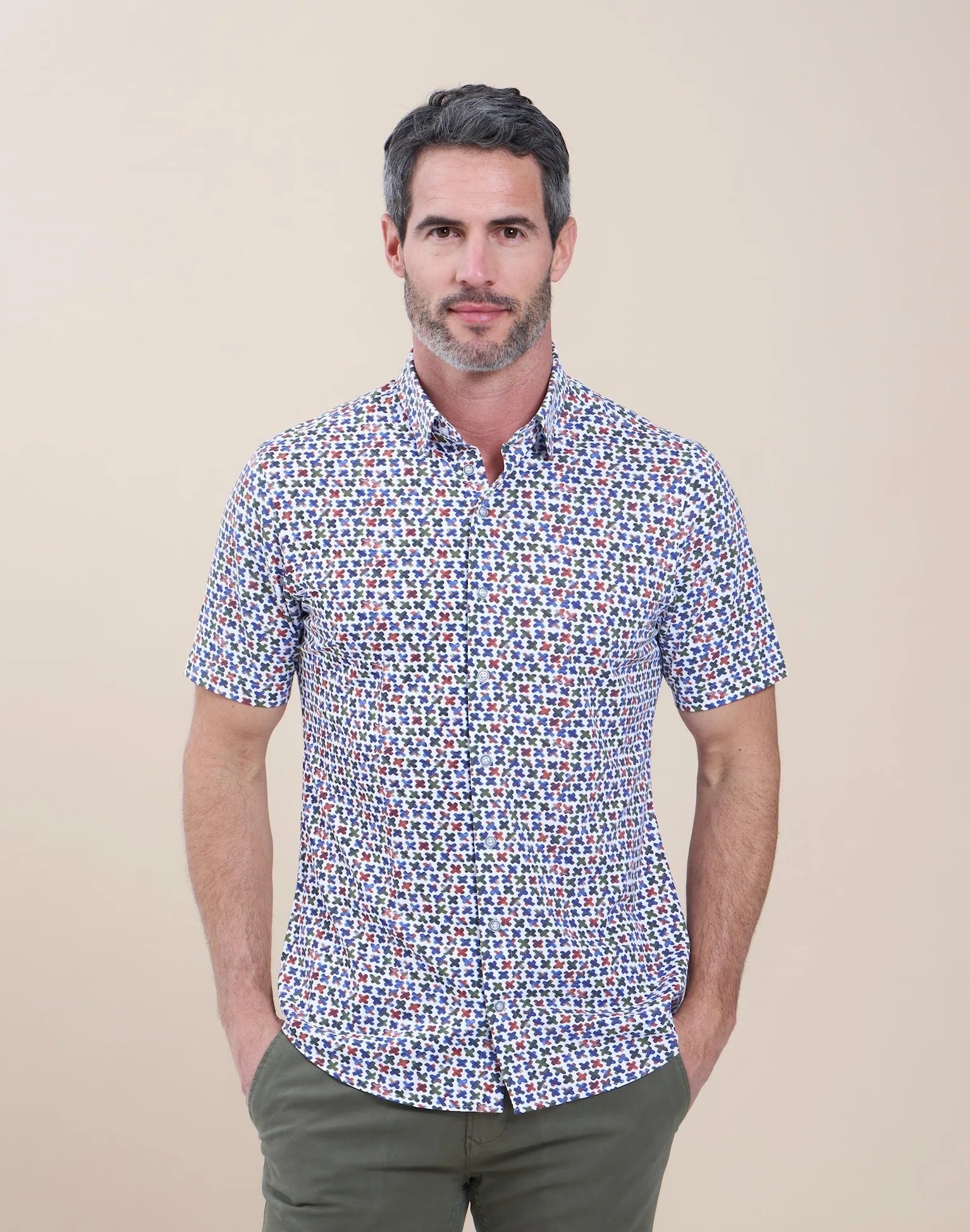 Brand Partner,R2 Amsterdam, R2 Amsterdam White With Criss Cross Print Knitted Pique Short Sleeve Button Up Shirt, White, Medium-42-Tag40