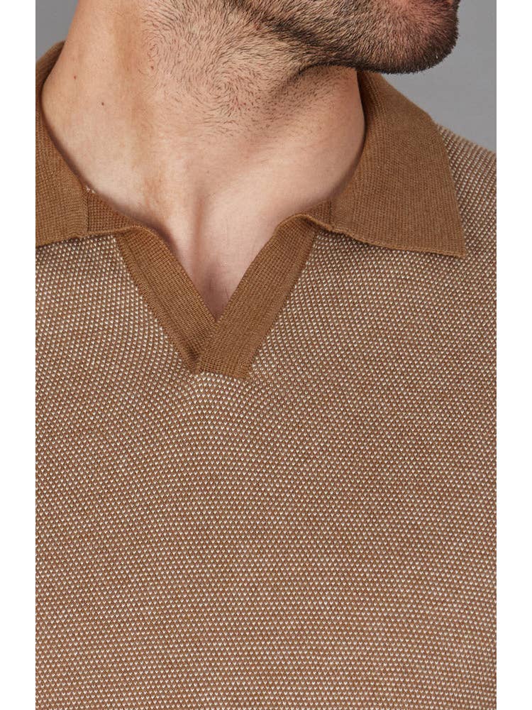 Paul James Camel Jacquard Knit Buttonless Short Sleeve Polo